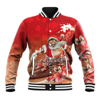 Hawaii Funny Christmas Baseball Jacket Santa Surfing With Tapa Pattern - Polynesian Pride