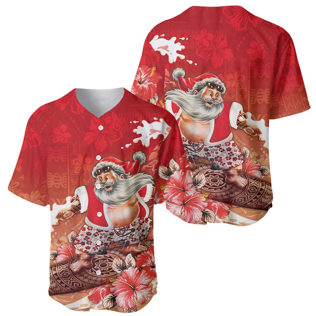 Hawaii Funny Christmas Baseball Jersey Santa Surfing With Tapa Pattern - Polynesian Pride