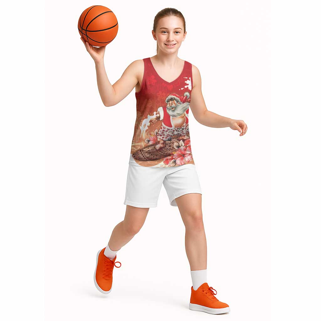 Hawaii Funny Christmas Basketball Jersey Santa Surfing With Tapa Pattern - Polynesian Pride