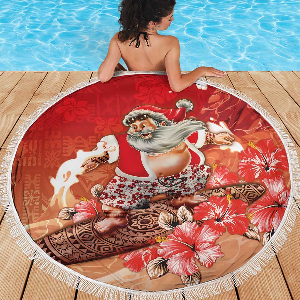 Hawaii Funny Christmas Beach Blanket Santa Surfing With Tapa Pattern - Polynesian Pride