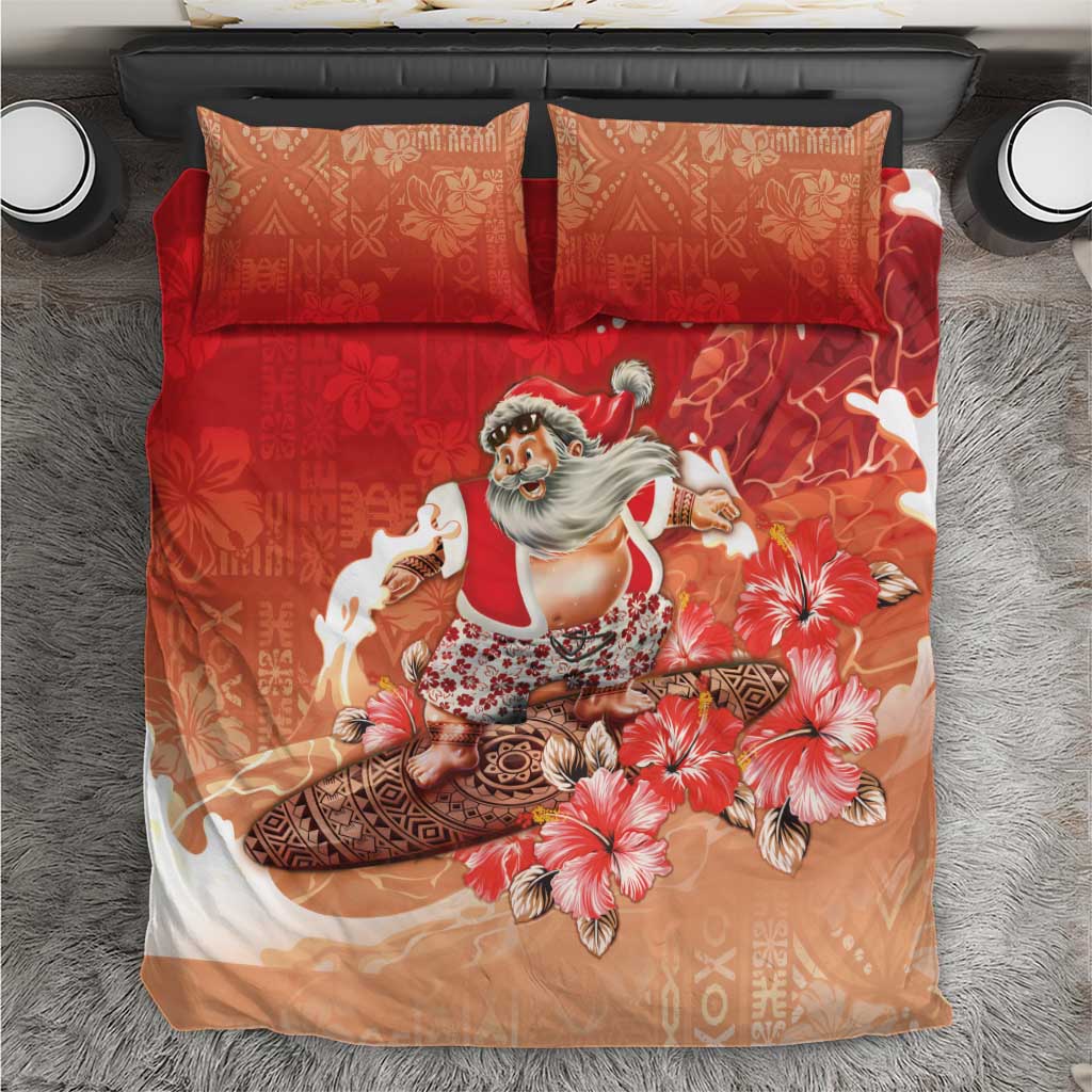 Hawaii Funny Christmas Bedding Set Santa Surfing With Tapa Pattern - Polynesian Pride