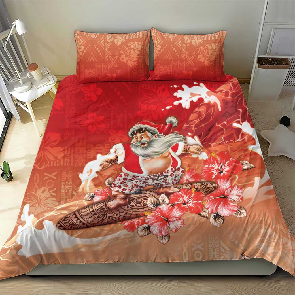 Hawaii Funny Christmas Bedding Set Santa Surfing With Tapa Pattern - Polynesian Pride