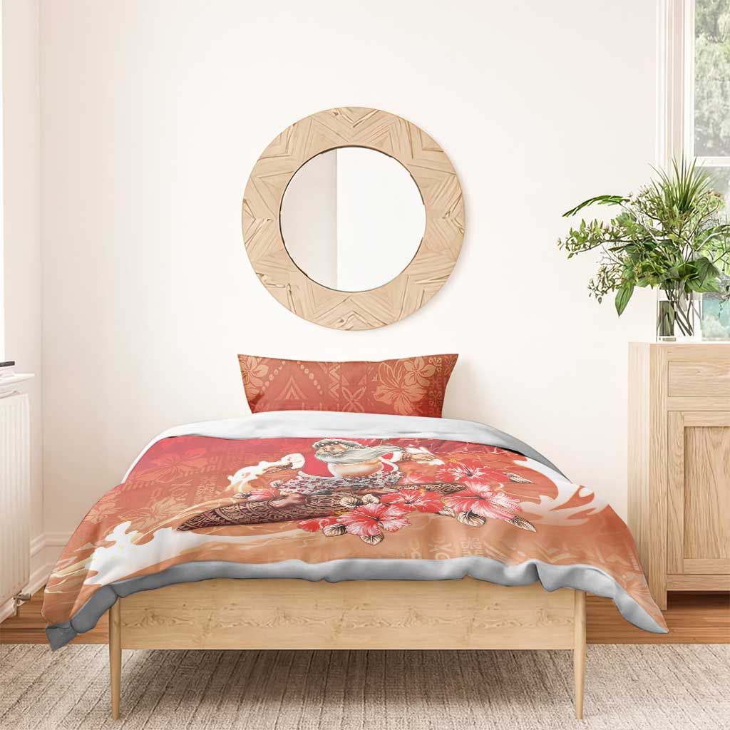 Hawaii Funny Christmas Bedding Set Santa Surfing With Tapa Pattern - Polynesian Pride