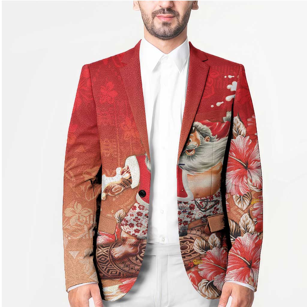 Hawaii Funny Christmas Blazer Santa Surfing With Tapa Pattern - Polynesian Pride