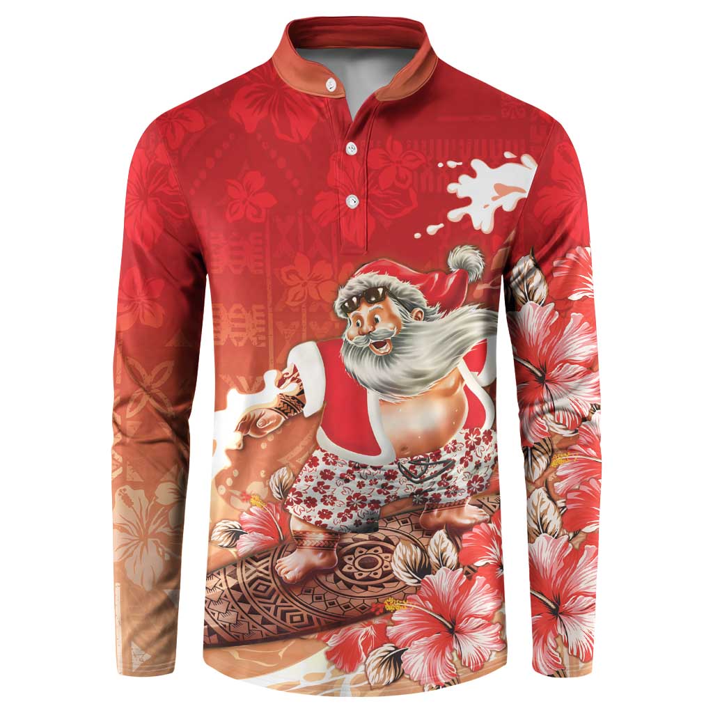 Hawaii Funny Christmas Button Sweatshirt Santa Surfing With Tapa Pattern - Polynesian Pride