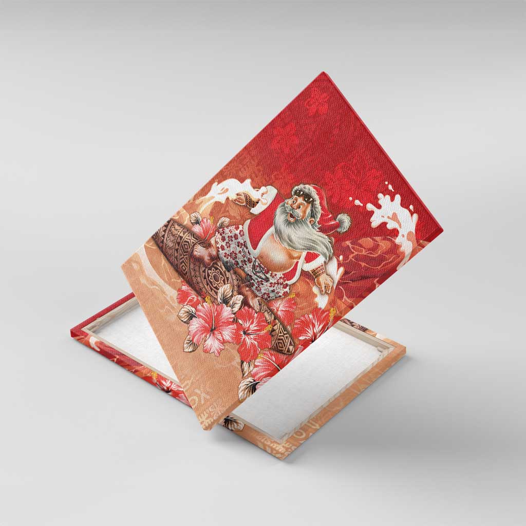 Hawaii Funny Christmas Canvas Wall Art Santa Surfing With Tapa Pattern - Polynesian Pride