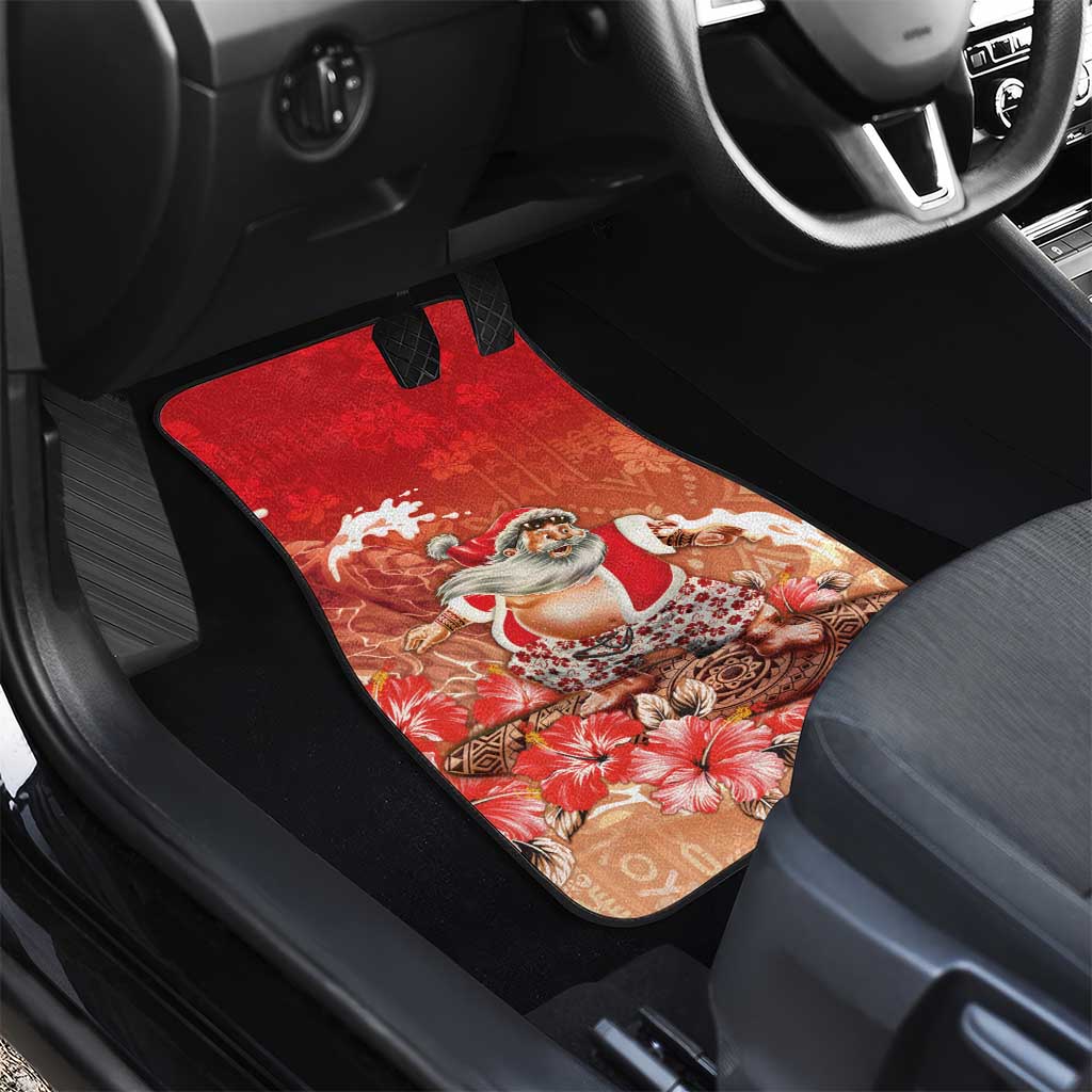 Hawaii Funny Christmas Car Mats Santa Surfing With Tapa Pattern - Polynesian Pride