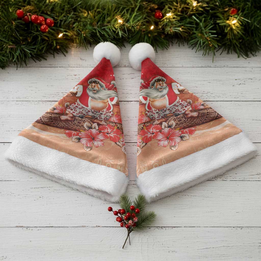 Hawaii Funny Christmas Santa Hat Santa Surfing With Tapa Pattern - Polynesian Pride