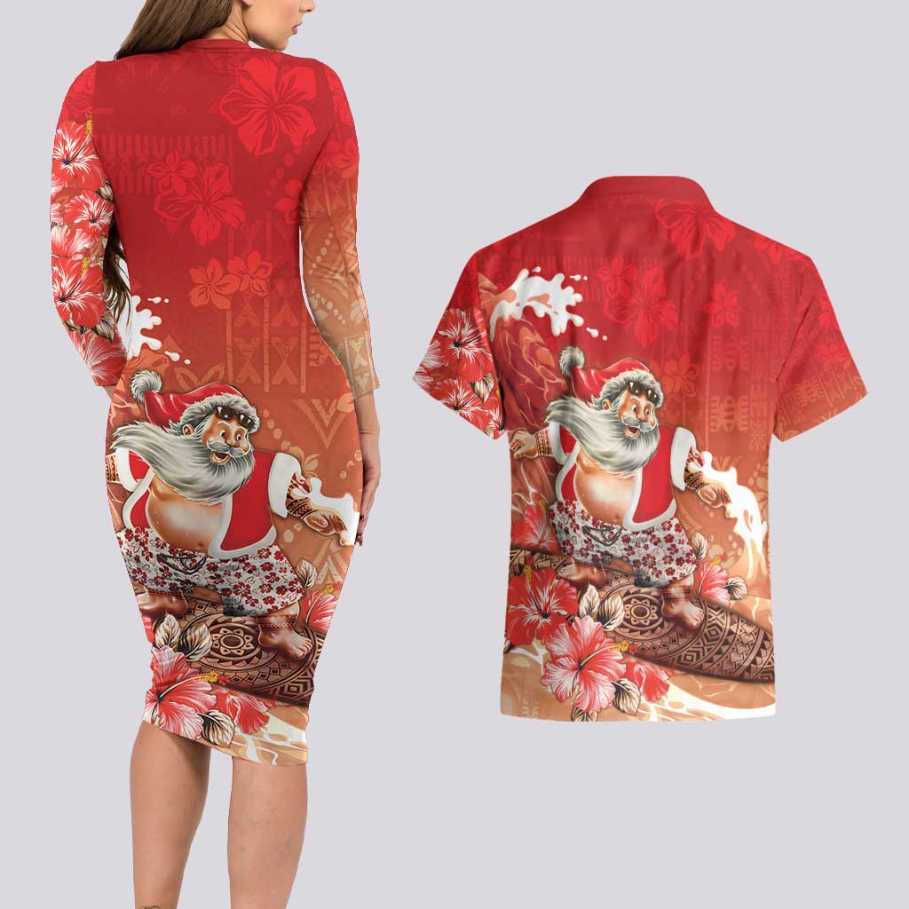 Hawaii Funny Christmas Couples Matching Long Sleeve Bodycon Dress and Hawaiian Shirt Santa Surfing With Tapa Pattern - Polynesian Pride