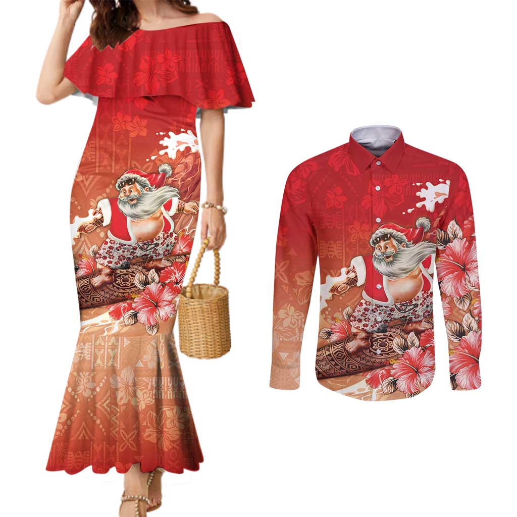 Hawaii Funny Christmas Couples Matching Mermaid Dress and Long Sleeve Button Shirt Santa Surfing With Tapa Pattern - Polynesian Pride
