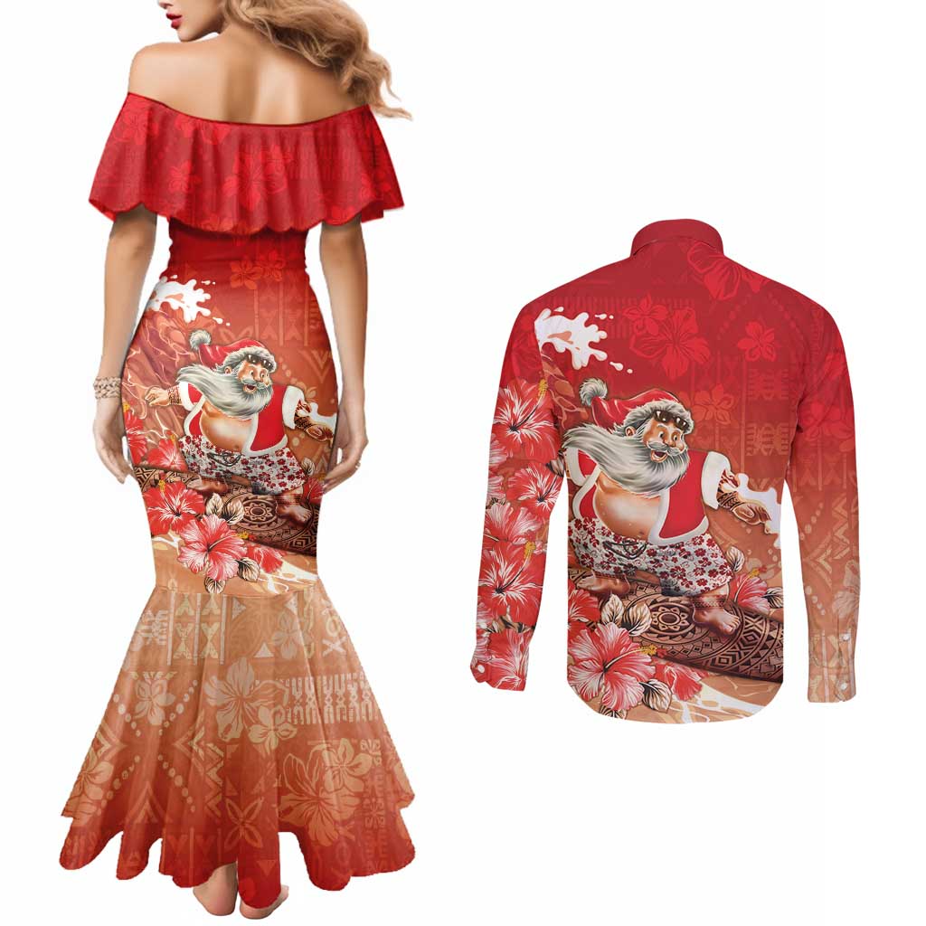 Hawaii Funny Christmas Couples Matching Mermaid Dress and Long Sleeve Button Shirt Santa Surfing With Tapa Pattern - Polynesian Pride