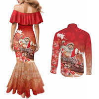 Hawaii Funny Christmas Couples Matching Mermaid Dress and Long Sleeve Button Shirt Santa Surfing With Tapa Pattern - Polynesian Pride
