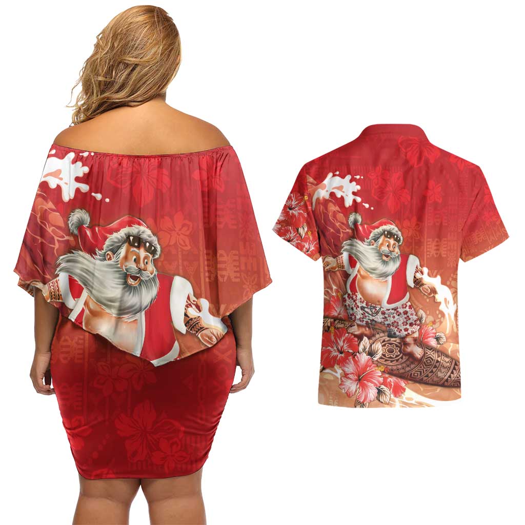 Hawaii Funny Christmas Couples Matching Off Shoulder Short Dress and Hawaiian Shirt Santa Surfing With Tapa Pattern - Polynesian Pride