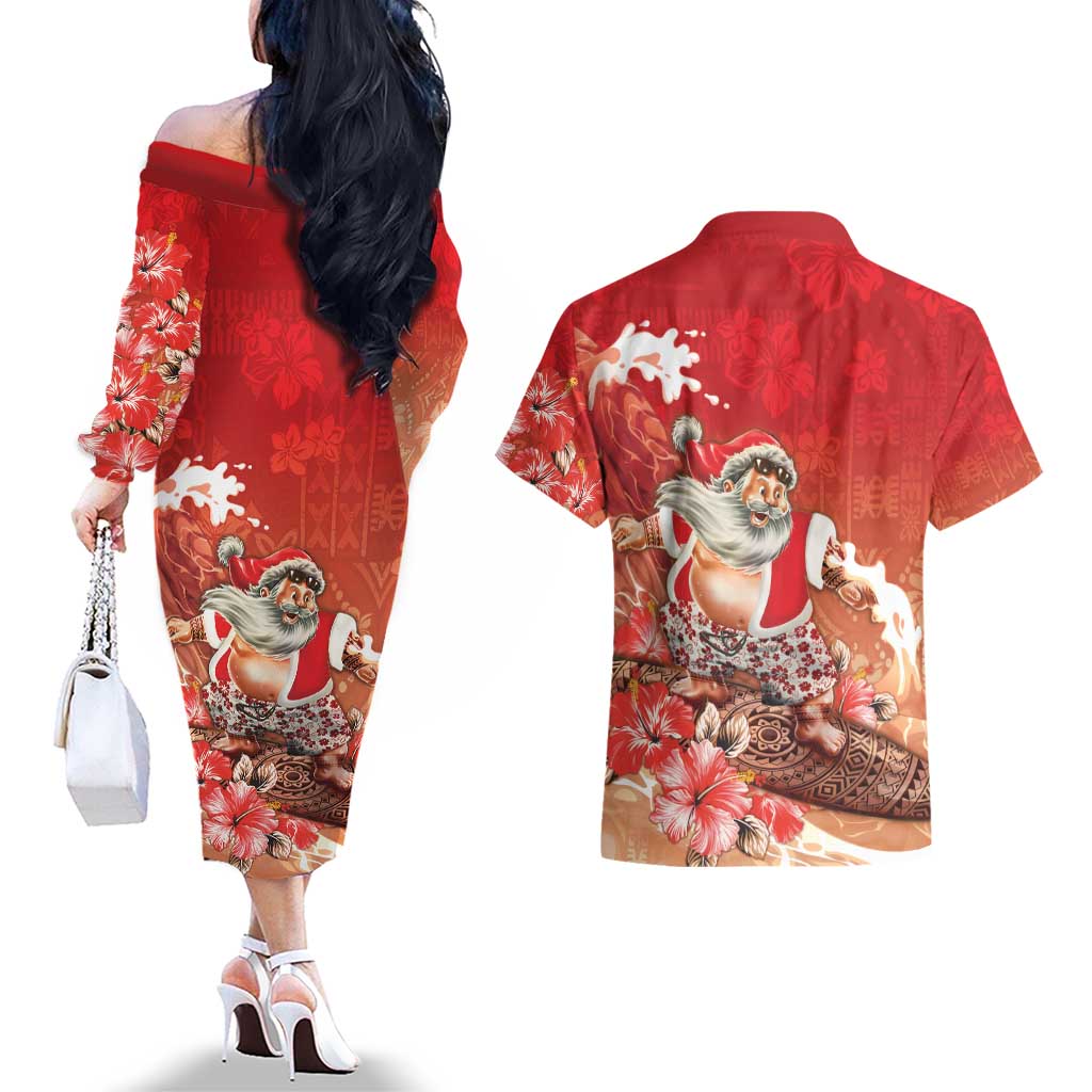 Hawaii Funny Christmas Couples Matching Off The Shoulder Long Sleeve Dress and Hawaiian Shirt Santa Surfing With Tapa Pattern - Polynesian Pride