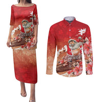 Hawaii Funny Christmas Couples Matching Puletasi and Long Sleeve Button Shirt Santa Surfing With Tapa Pattern - Polynesian Pride
