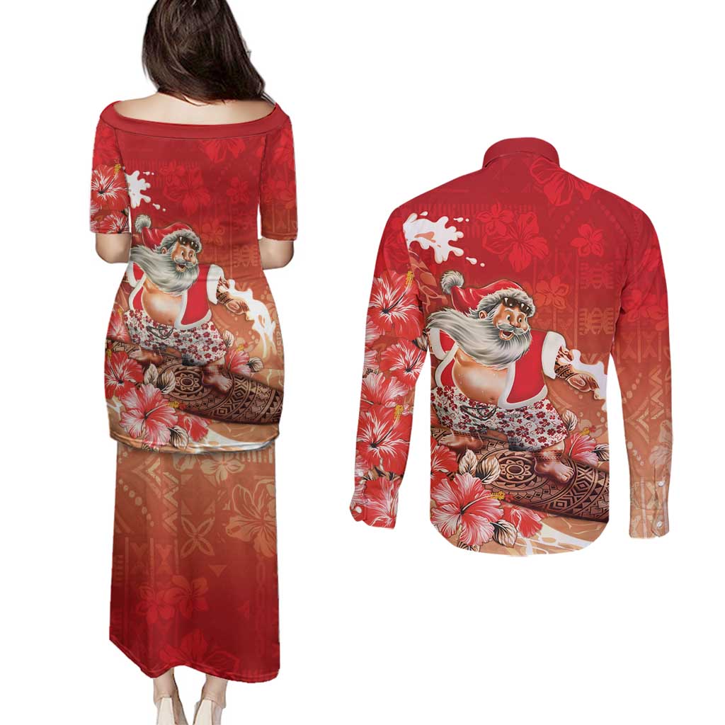 Hawaii Funny Christmas Couples Matching Puletasi and Long Sleeve Button Shirt Santa Surfing With Tapa Pattern - Polynesian Pride