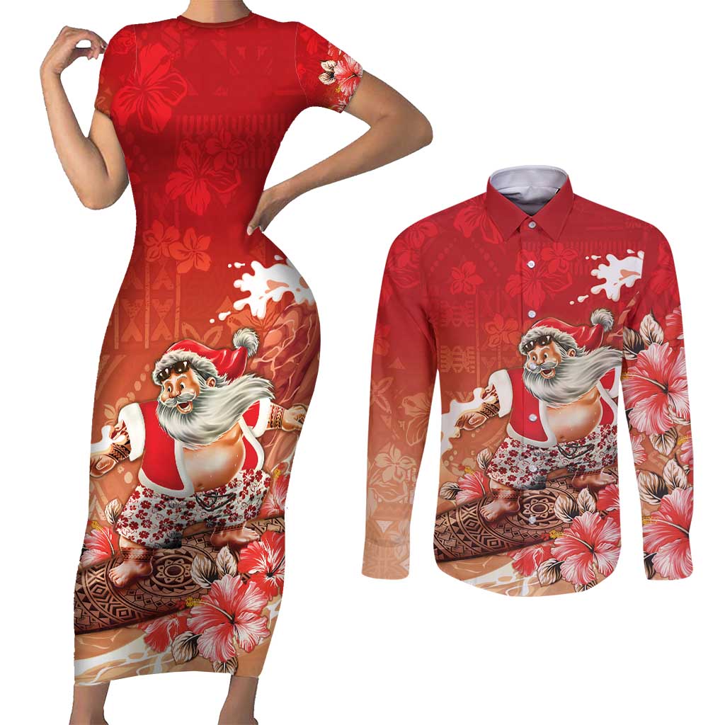Hawaii Funny Christmas Couples Matching Short Sleeve Bodycon Dress and Long Sleeve Button Shirt Santa Surfing With Tapa Pattern - Polynesian Pride