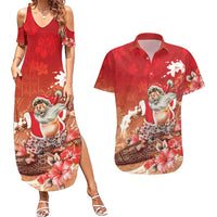 Hawaii Funny Christmas Couples Matching Summer Maxi Dress and Hawaiian Shirt Santa Surfing With Tapa Pattern - Polynesian Pride