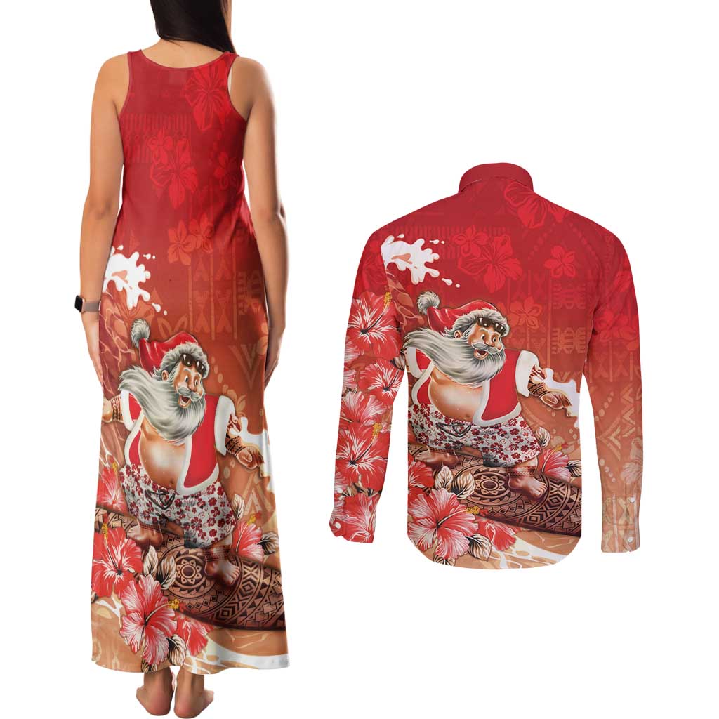 Hawaii Funny Christmas Couples Matching Tank Maxi Dress and Long Sleeve Button Shirt Santa Surfing With Tapa Pattern - Polynesian Pride