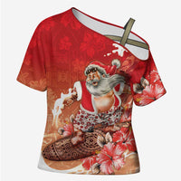 Hawaii Funny Christmas Cross Shoulder Shirt Santa Surfing With Tapa Pattern - Polynesian Pride