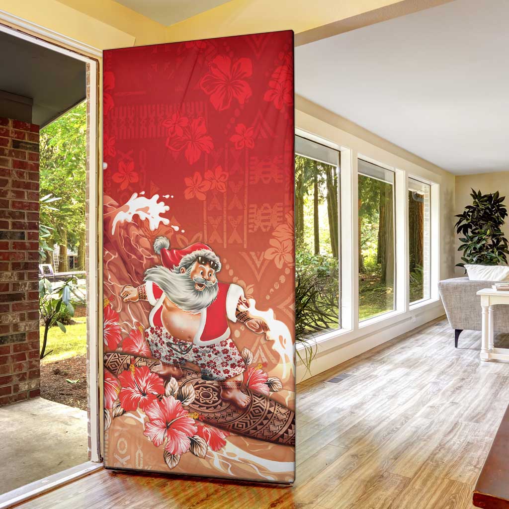 Hawaii Funny Christmas Door Cover Santa Surfing With Tapa Pattern - Polynesian Pride