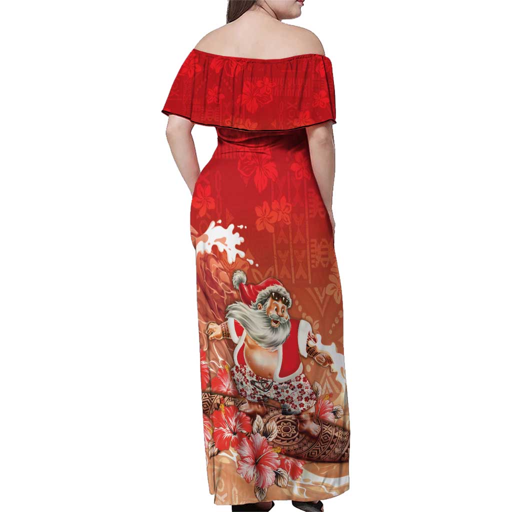 Hawaii Funny Christmas Family Matching Off Shoulder Maxi Dress and Hawaiian Shirt Santa Surfing With Tapa Pattern - Polynesian Pride