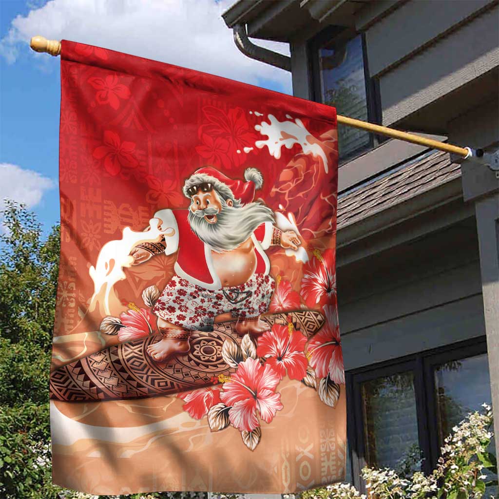Hawaii Funny Christmas Garden Flag Santa Surfing With Tapa Pattern - Polynesian Pride