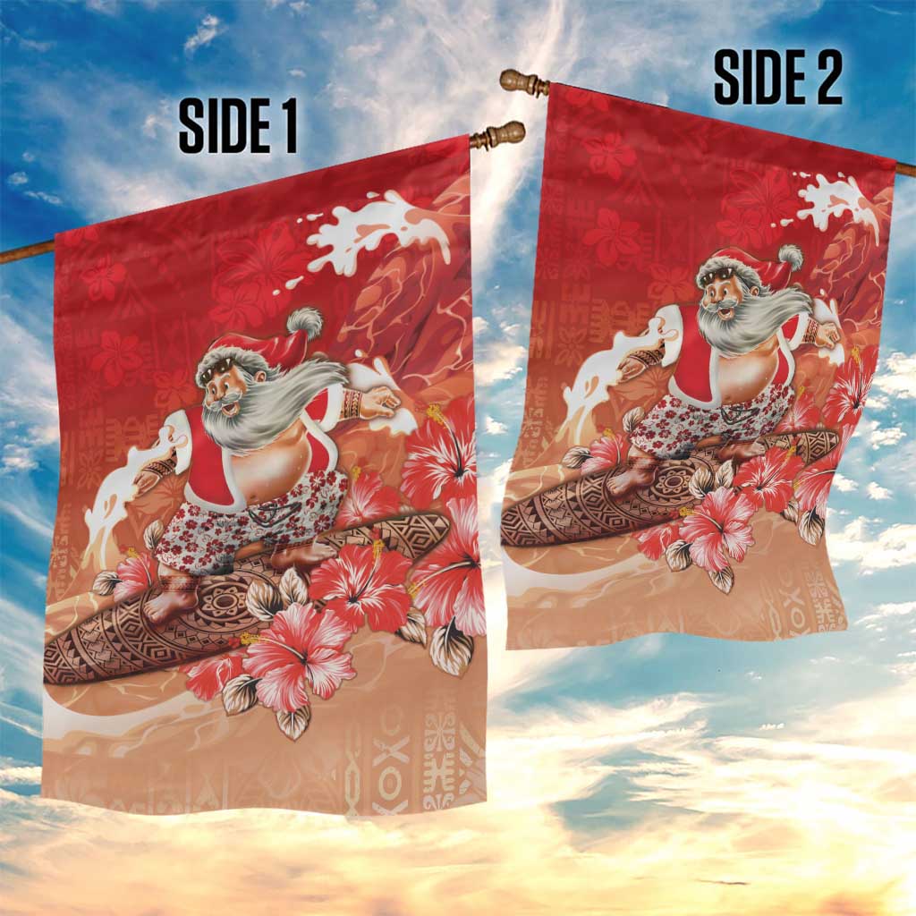 Hawaii Funny Christmas Garden Flag Santa Surfing With Tapa Pattern - Polynesian Pride