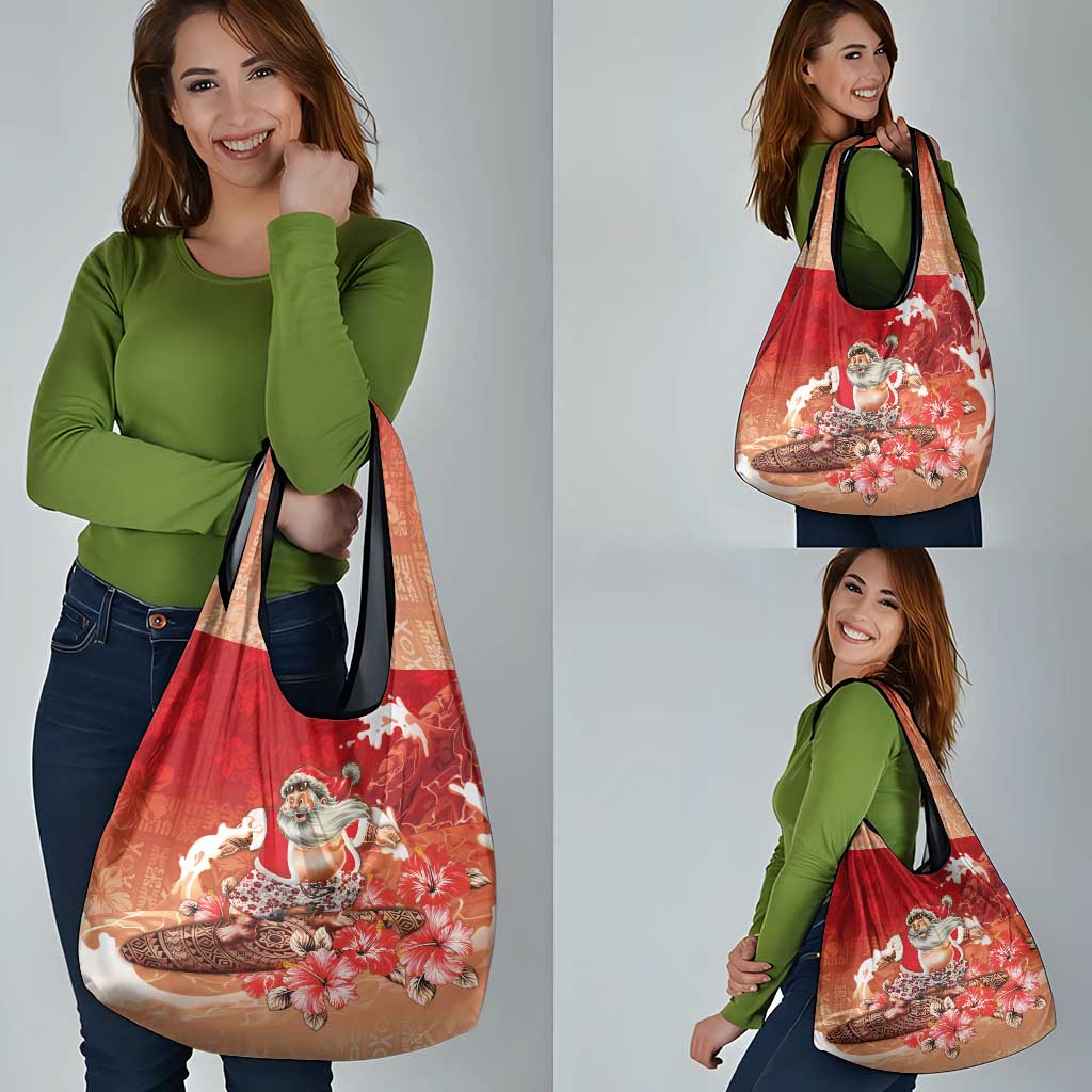 Hawaii Funny Christmas Grocery Bag Santa Surfing With Tapa Pattern - Polynesian Pride