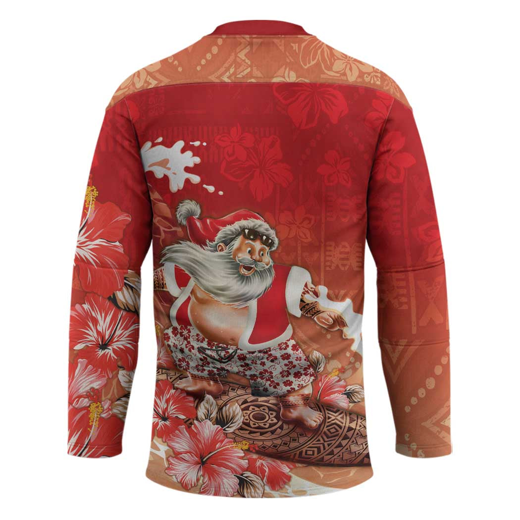 Hawaii Funny Christmas Hockey Jersey Santa Surfing With Tapa Pattern - Polynesian Pride