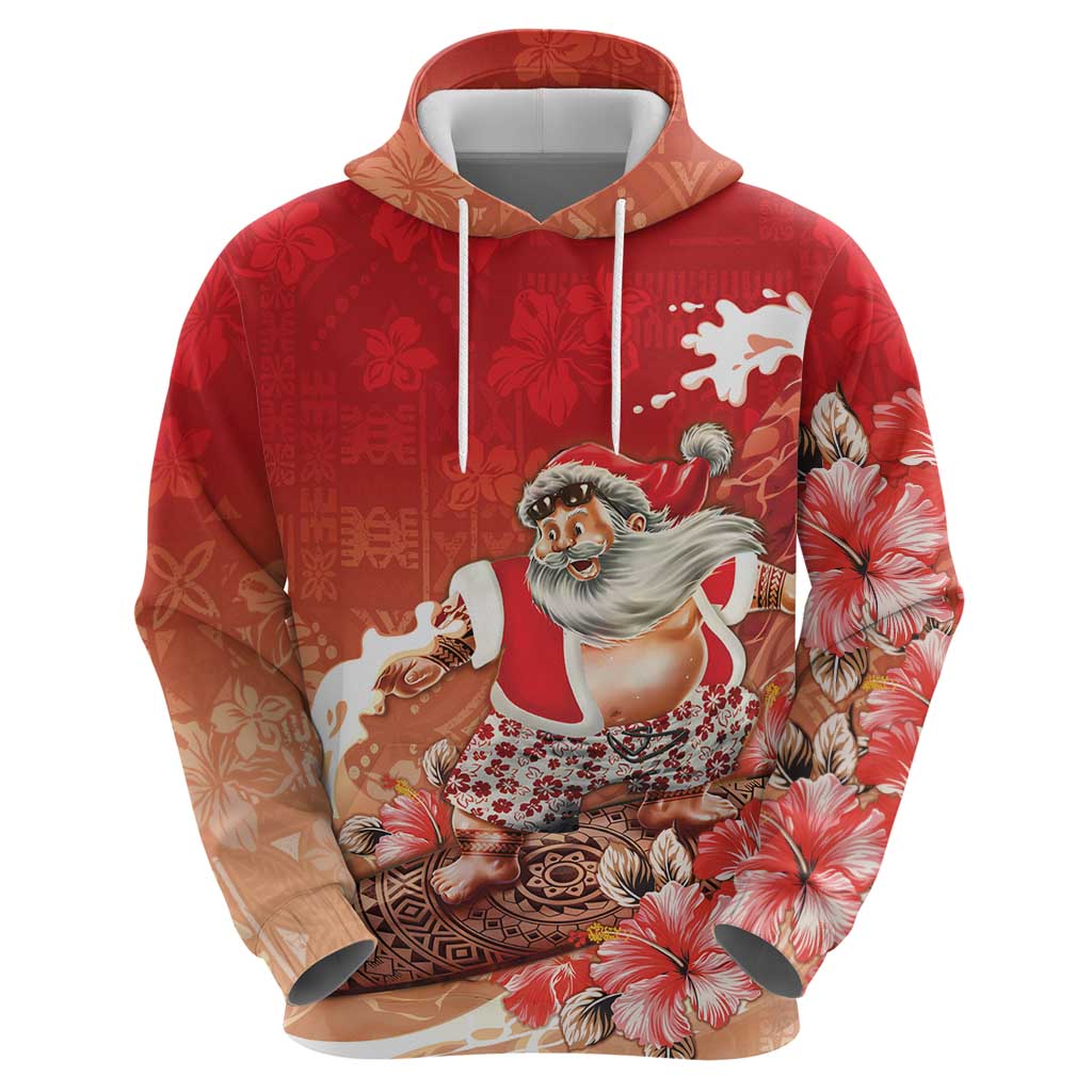 Hawaii Funny Christmas Hoodie Santa Surfing With Tapa Pattern - Polynesian Pride