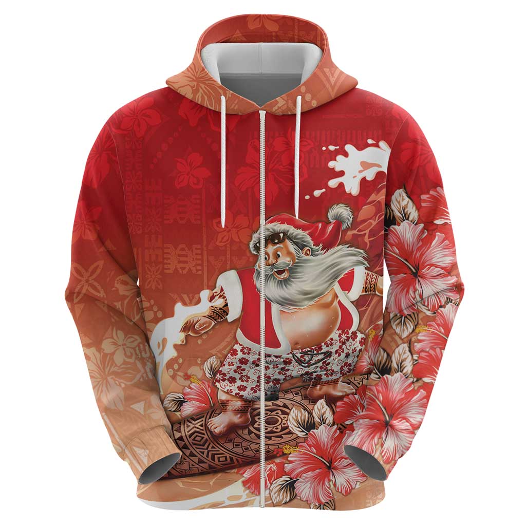 Hawaii Funny Christmas Hoodie Santa Surfing With Tapa Pattern - Polynesian Pride