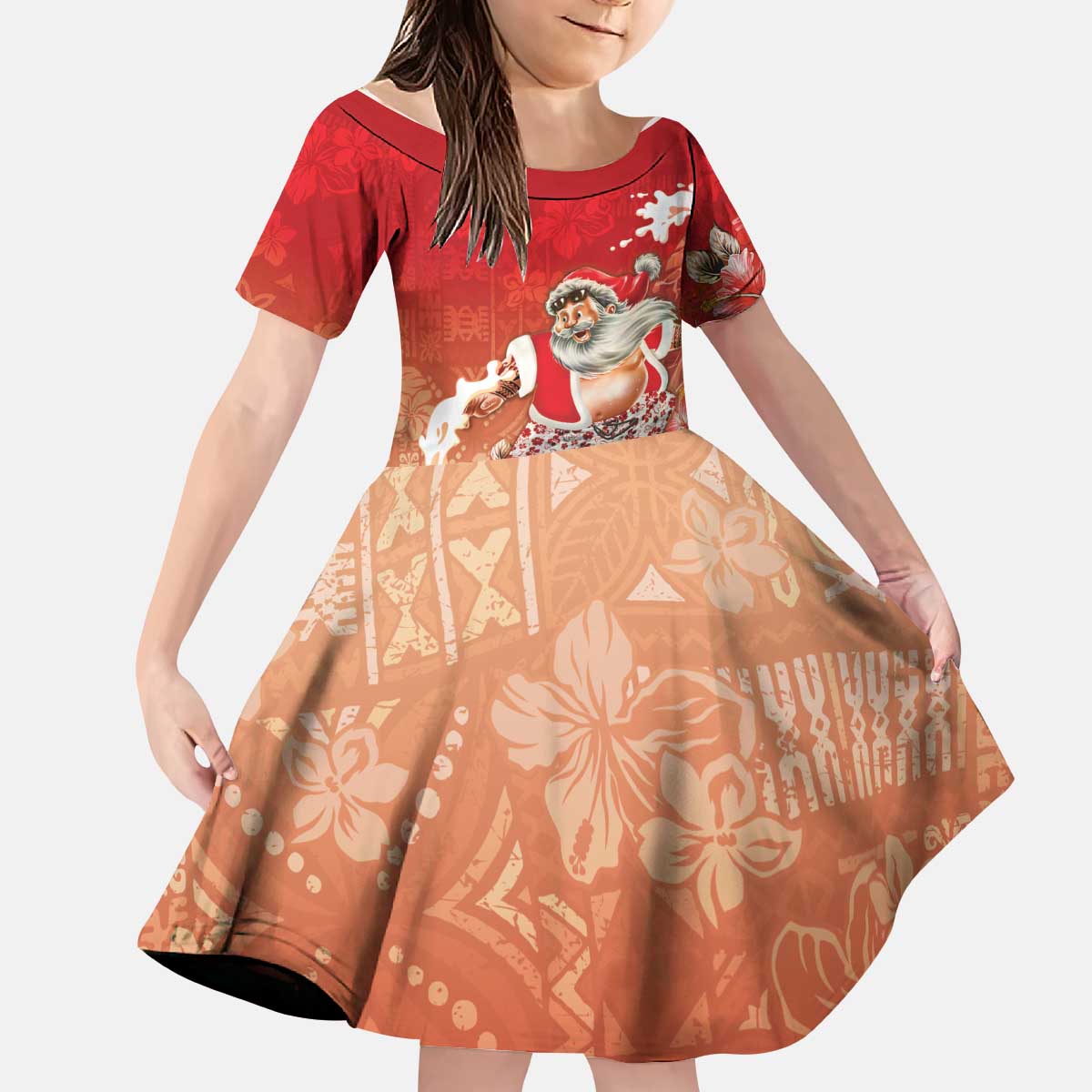 Hawaii Funny Christmas Kid Short Sleeve Dress Santa Surfing With Tapa Pattern - Polynesian Pride
