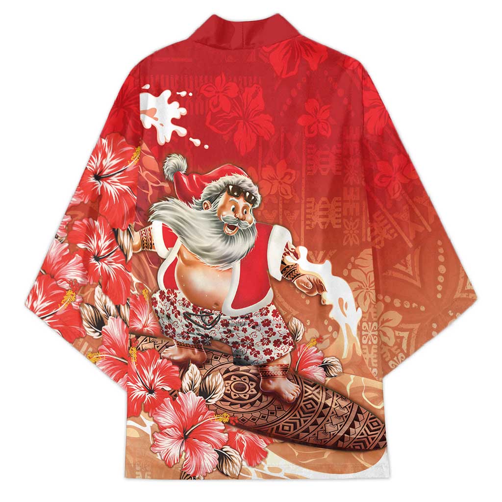 Hawaii Funny Christmas Kimono Santa Surfing With Tapa Pattern - Polynesian Pride