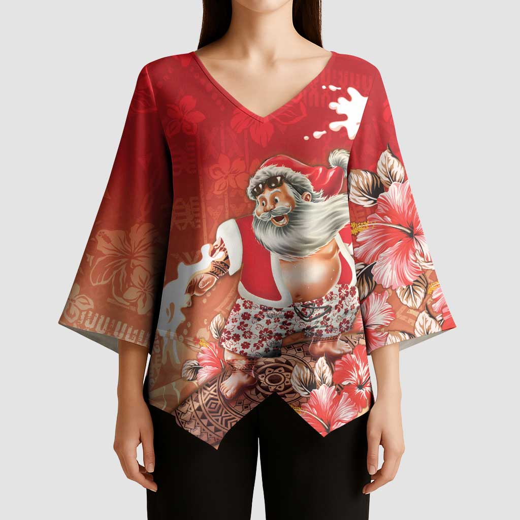 Hawaii Funny Christmas Kimono Sleeve Blouse Santa Surfing With Tapa Pattern - Polynesian Pride