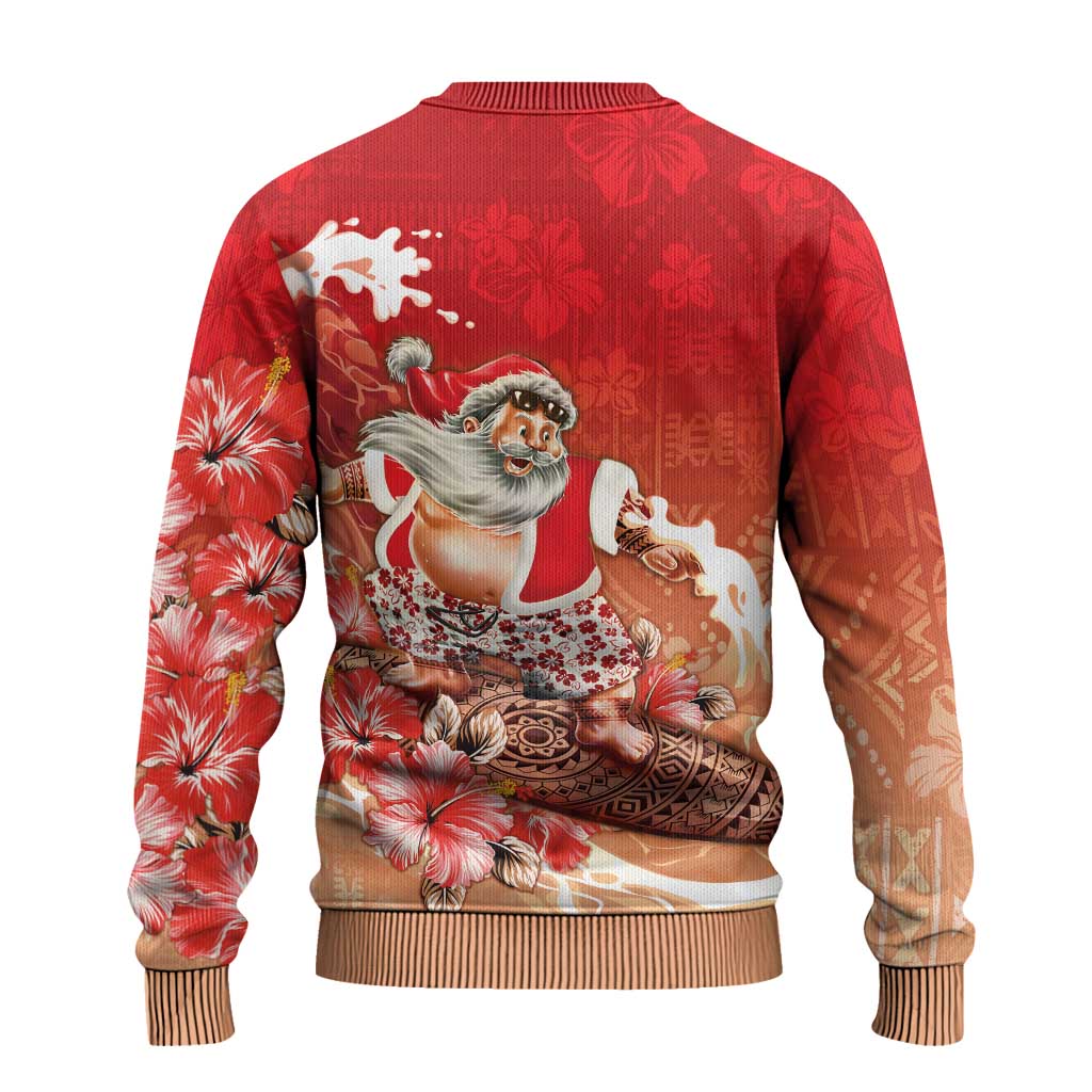 Hawaii Funny Christmas Ugly Christmas Sweater Santa Surfing With Tapa Pattern - Polynesian Pride