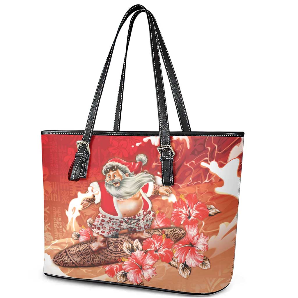 Hawaii Funny Christmas Leather Tote Bag Santa Surfing With Tapa Pattern - Polynesian Pride