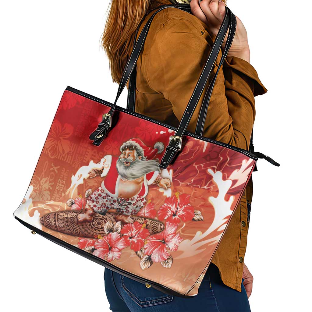 Hawaii Funny Christmas Leather Tote Bag Santa Surfing With Tapa Pattern - Polynesian Pride