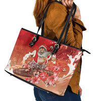 Hawaii Funny Christmas Leather Tote Bag Santa Surfing With Tapa Pattern - Polynesian Pride