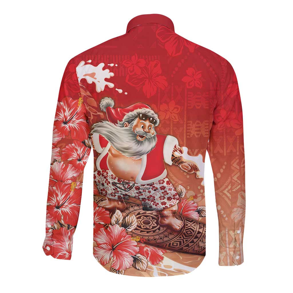 Hawaii Funny Christmas Long Sleeve Button Shirt Santa Surfing With Tapa Pattern - Polynesian Pride