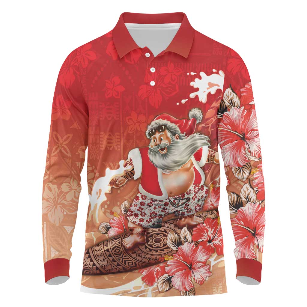 Hawaii Funny Christmas Long Sleeve Polo Shirt Santa Surfing With Tapa Pattern - Polynesian Pride