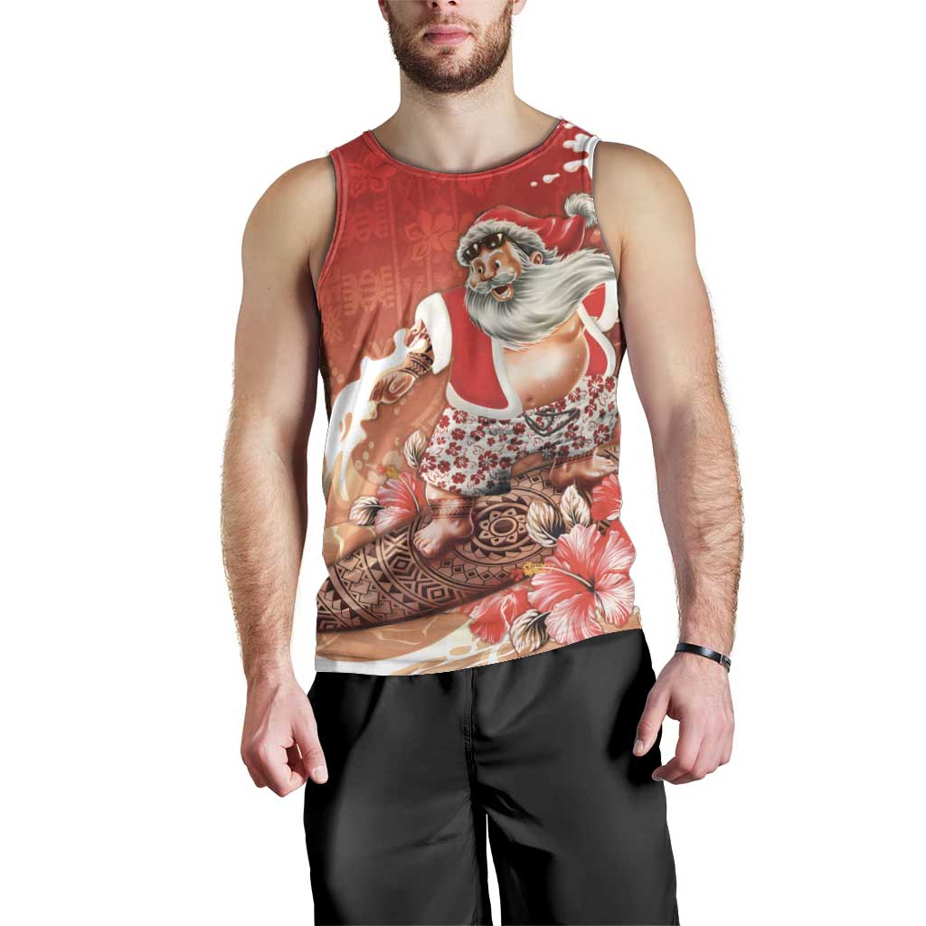 Hawaii Funny Christmas Men Tank Top Santa Surfing With Tapa Pattern - Polynesian Pride