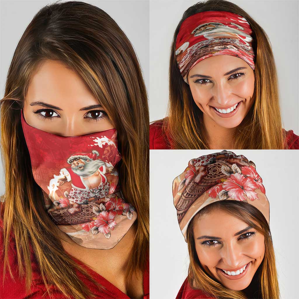 Hawaii Funny Christmas Neck Gaiter Santa Surfing With Tapa Pattern - Polynesian Pride