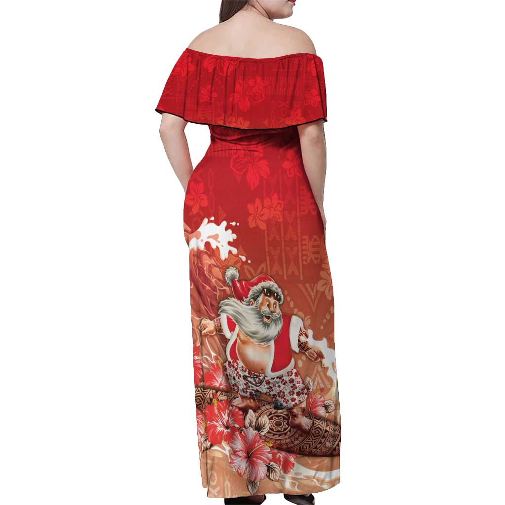 Hawaii Funny Christmas Off Shoulder Maxi Dress Santa Surfing With Tapa Pattern - Polynesian Pride
