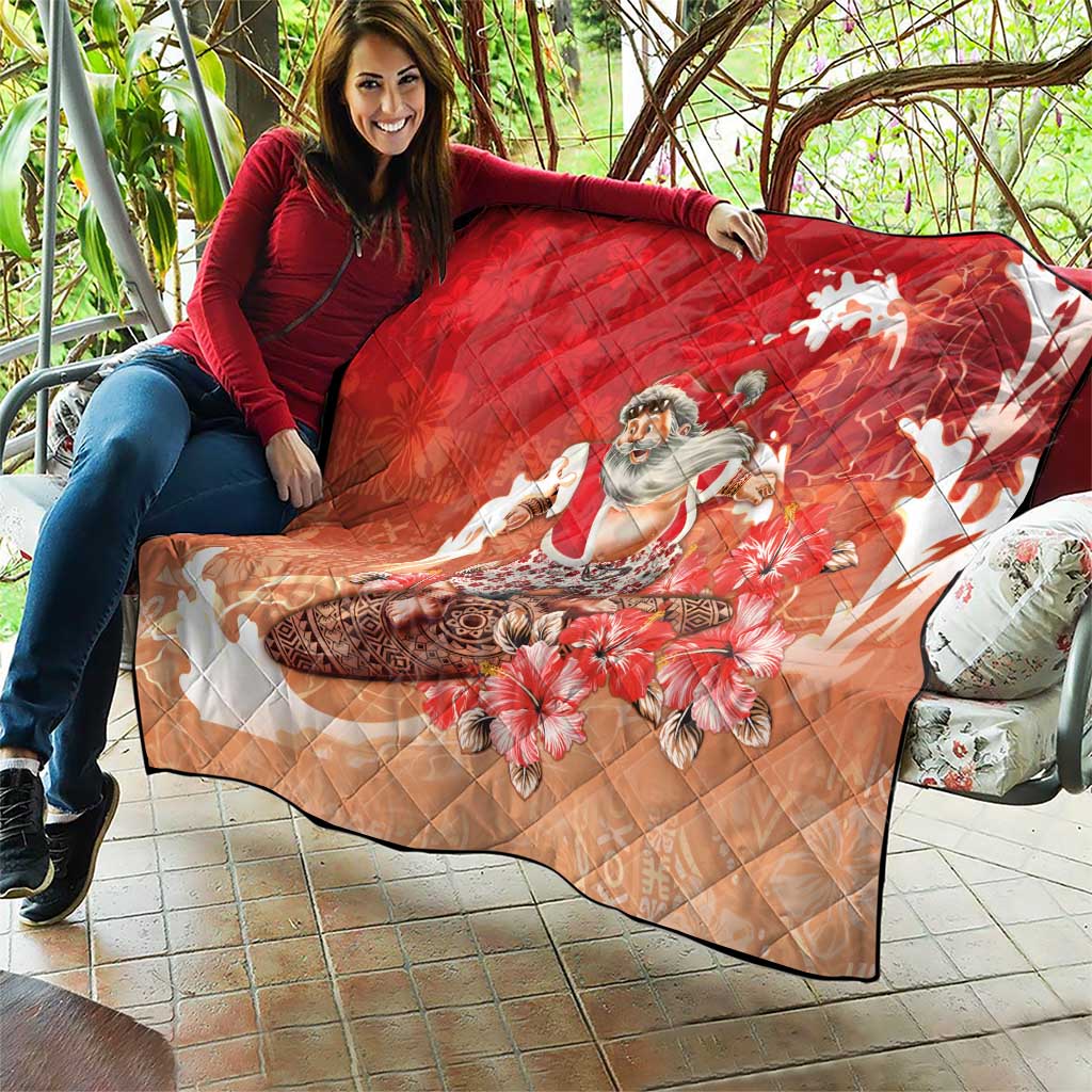 Hawaii Funny Christmas Quilt Santa Surfing With Tapa Pattern - Polynesian Pride