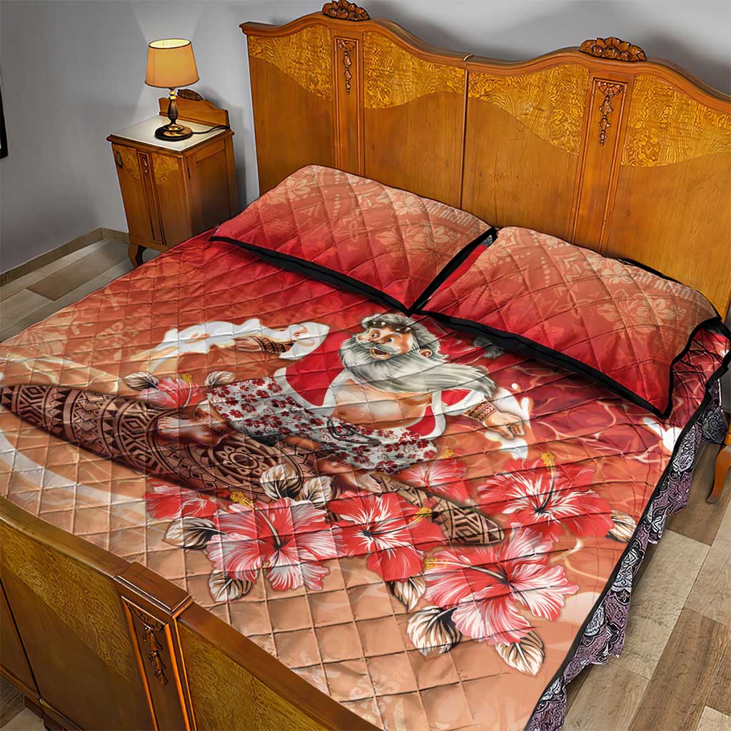 Hawaii Funny Christmas Quilt Bed Set Santa Surfing With Tapa Pattern - Polynesian Pride