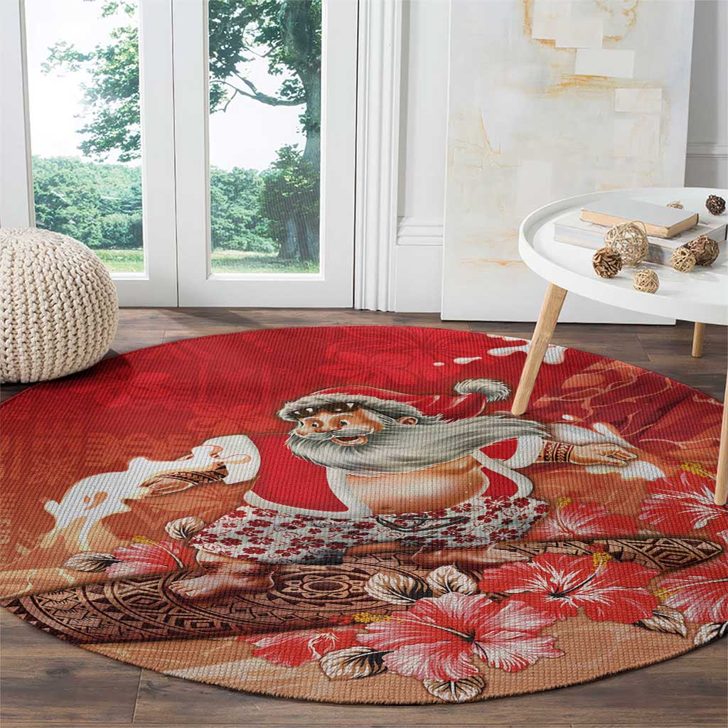 Hawaii Funny Christmas Round Carpet Santa Surfing With Tapa Pattern - Polynesian Pride