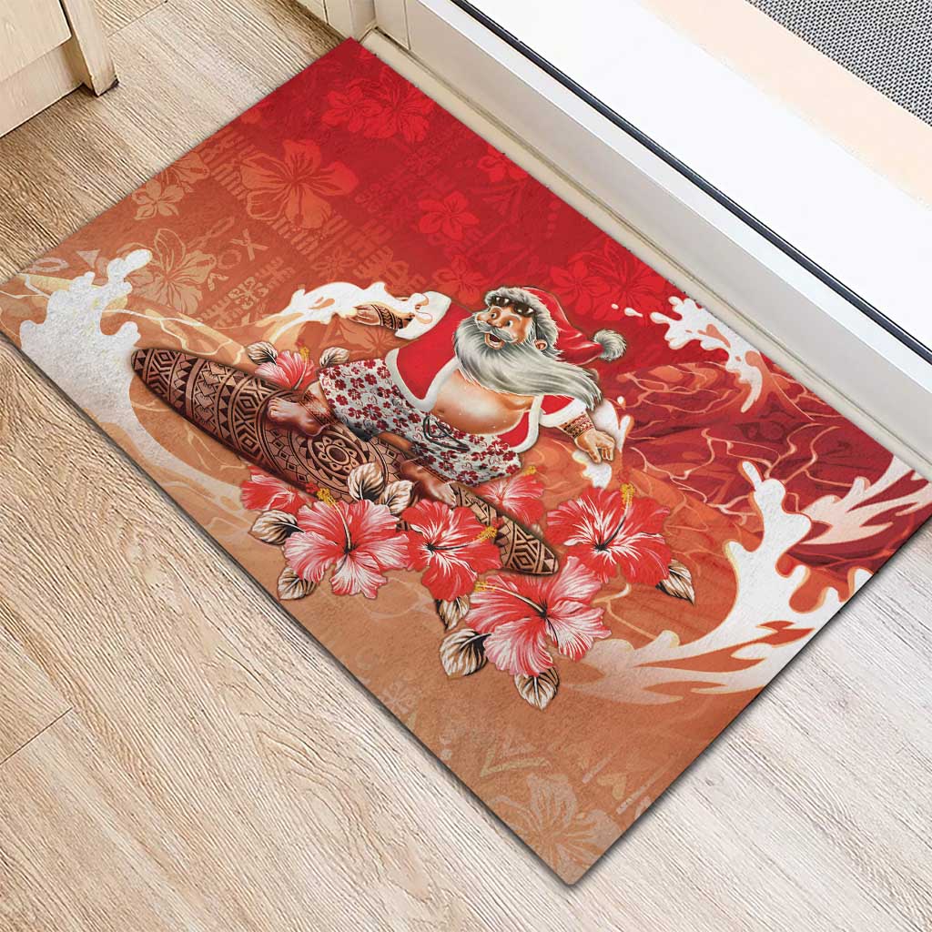 Hawaii Funny Christmas Rubber Doormat Santa Surfing With Tapa Pattern - Polynesian Pride