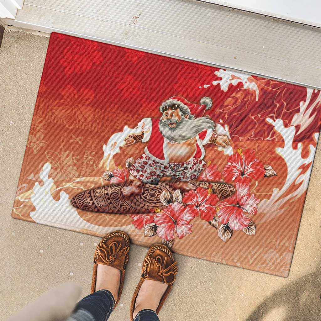 Hawaii Funny Christmas Rubber Doormat Santa Surfing With Tapa Pattern - Polynesian Pride