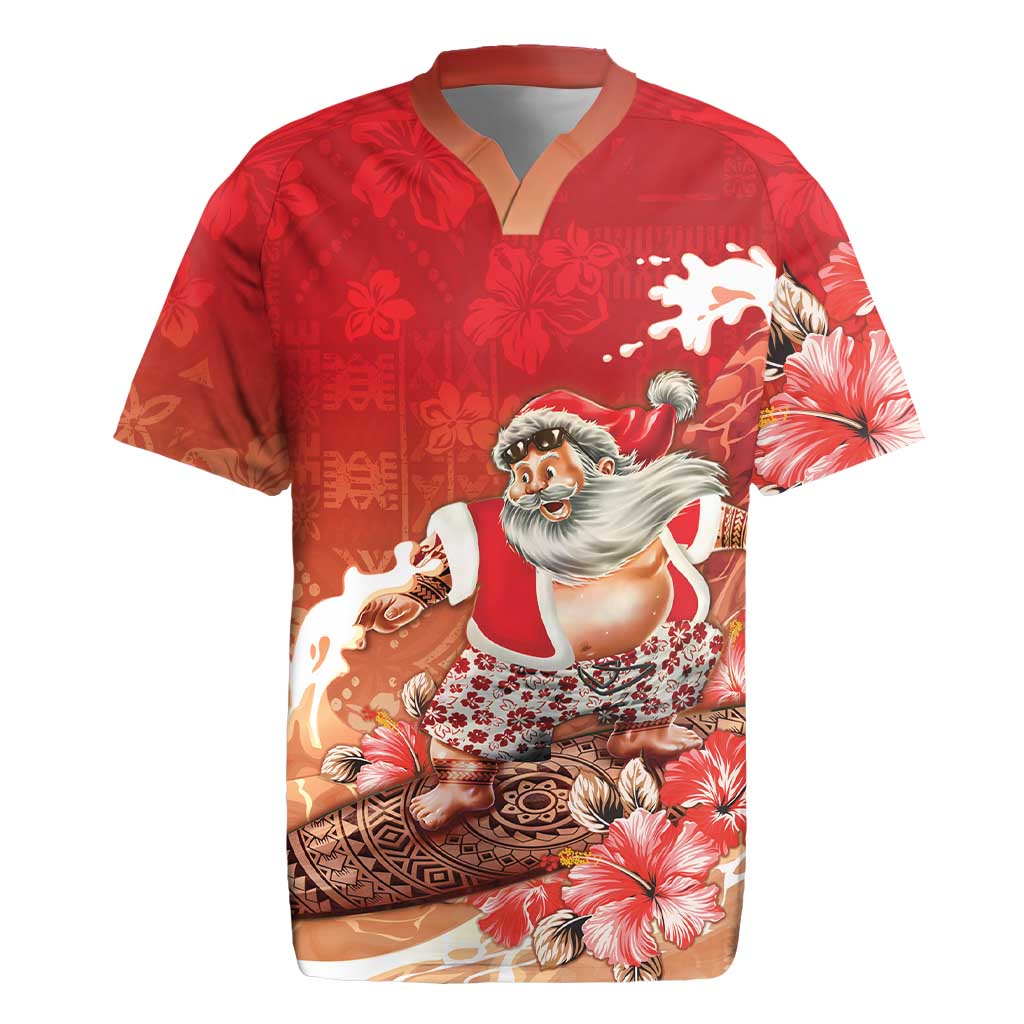 Hawaii Funny Christmas Rugby Jersey Santa Surfing With Tapa Pattern - Polynesian Pride